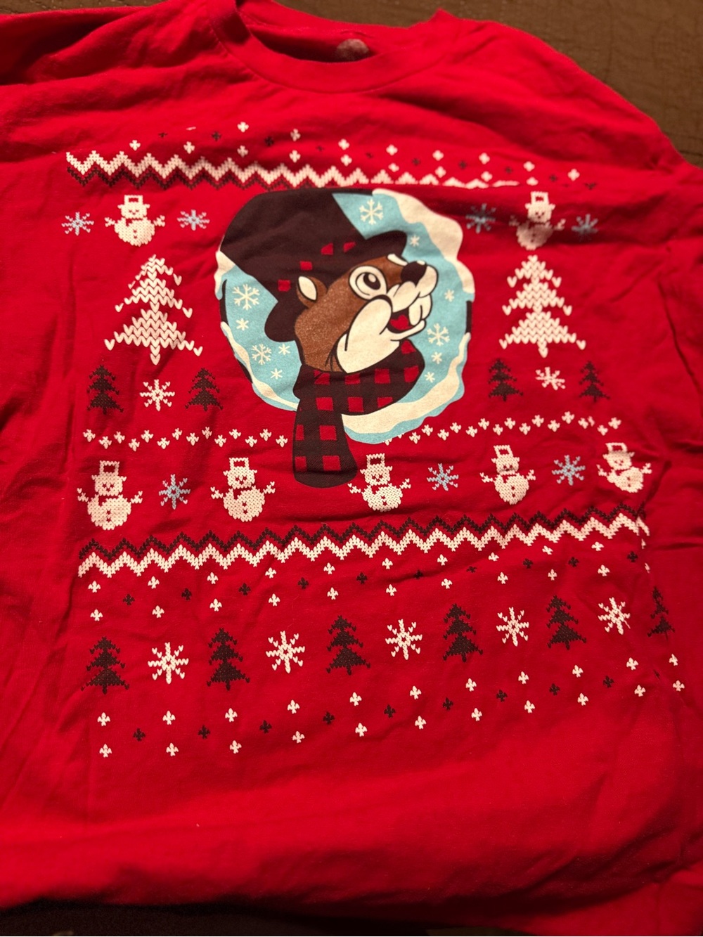 Red Holiday Graphic  bucces Short Sleeve Tee with Festive Chipmunk